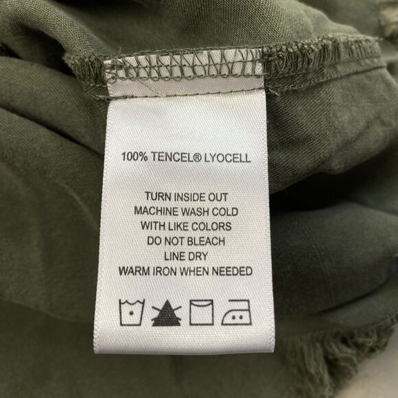 Foxcroft Top Womens 14 Green Tencel Lyocell Chambray Button Up Fringe Hem Grunge - Picture 10 of 12